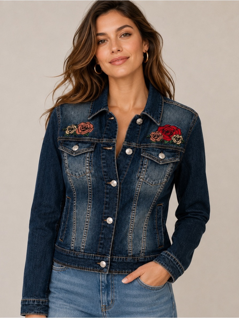 LuLaRoe Harvey Floral Embroidered Rose Denim Jacket Dark Wash NWT Medium - Picture 3 of 11